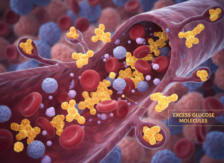 Medical illustration bloodstream excess glucose molecules