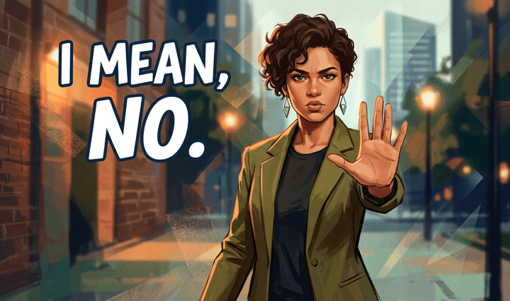 A serious woman in a green blazer with hand raised and text 'I MEAN, NO.'