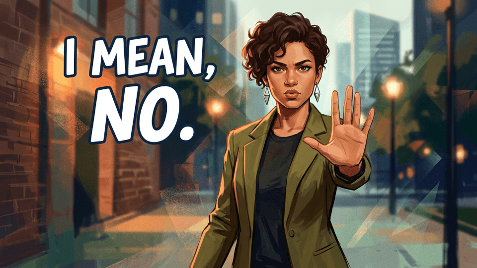 A serious woman in a green blazer with hand raised and text 'I MEAN, NO.'
