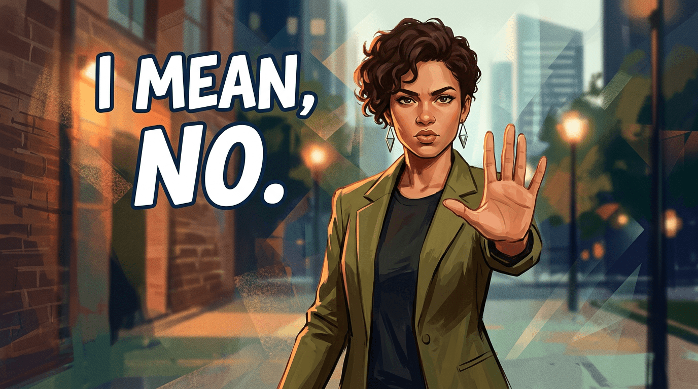 A serious woman in a green blazer with hand raised and text 'I MEAN, NO.'