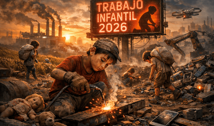 Children engaged in dangerous labor among industrial rubble under a billboard reading 'Trabajo Infantil 2026'