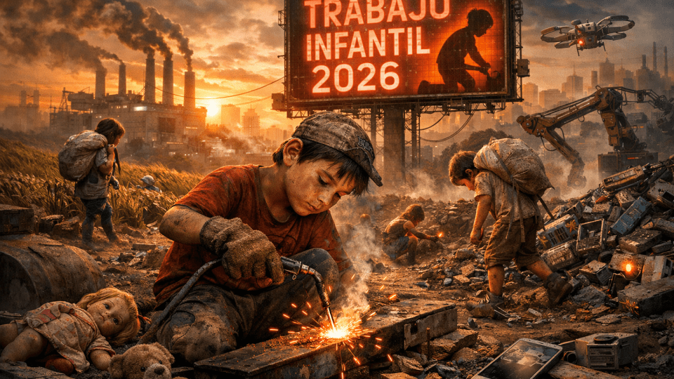 Children engaged in dangerous labor among industrial rubble under a billboard reading 'Trabajo Infantil 2026'