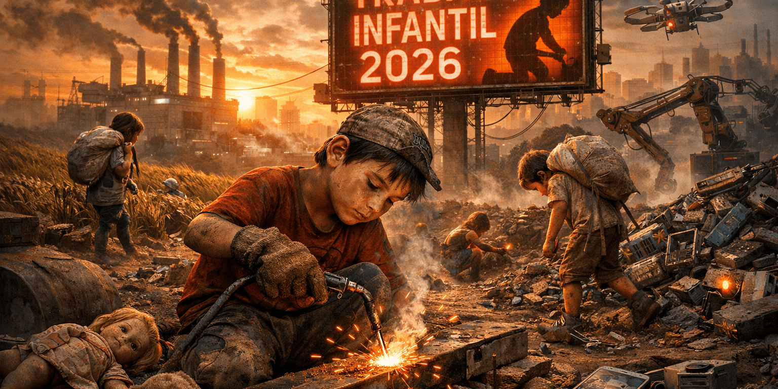 Children engaged in dangerous labor among industrial rubble under a billboard reading 'Trabajo Infantil 2026'