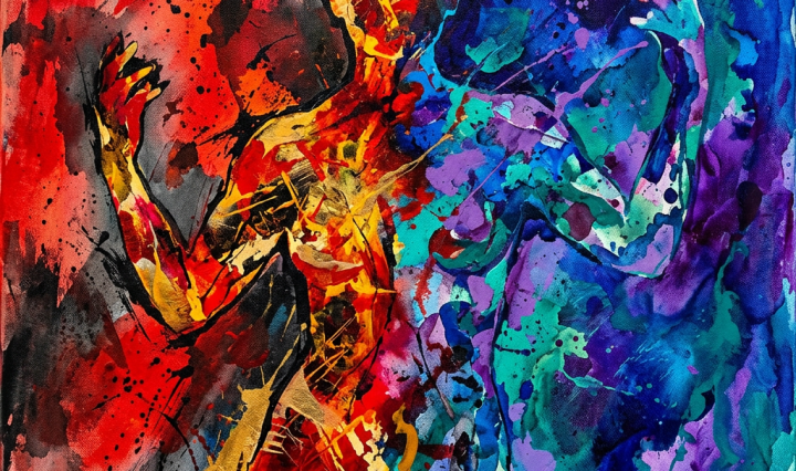 Abstract depiction of two overlapping human figures with warm reds on one side and cool blues on the other