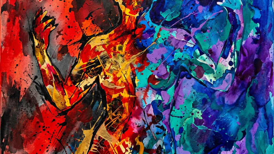 Abstract depiction of two overlapping human figures with warm reds on one side and cool blues on the other
