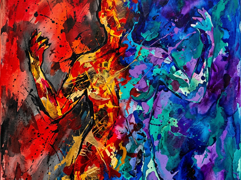 Abstract depiction of two overlapping human figures with warm reds on one side and cool blues on the other