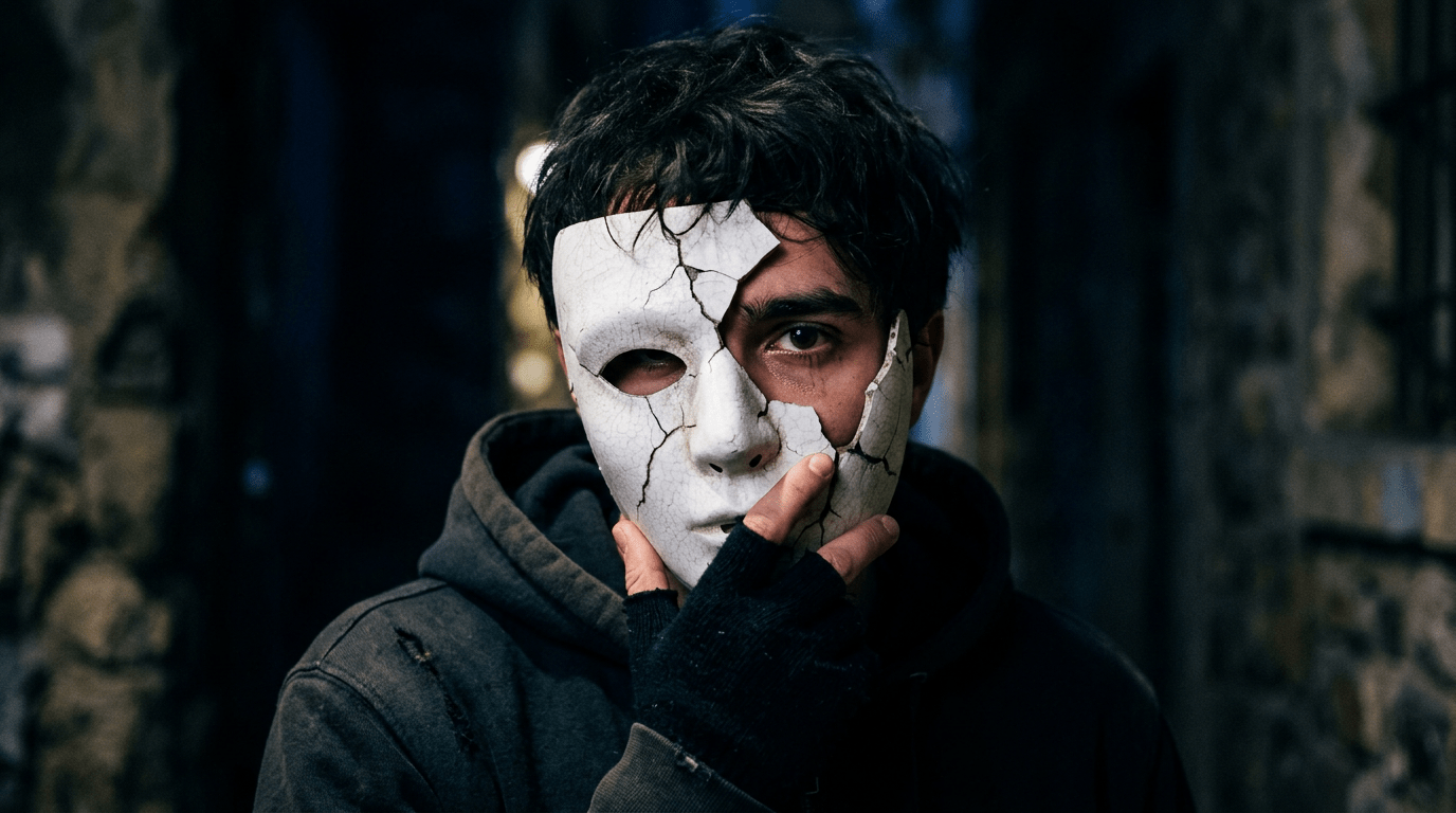 Person holding a cracked white mask to face with one eye showing