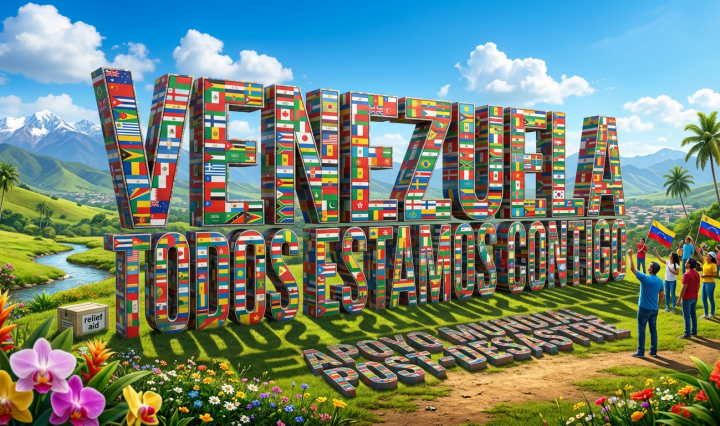Large letters covered with international flags spell out 'Venezuela Todos Estamos Contigo' with people holding Venezuelan flags nearby