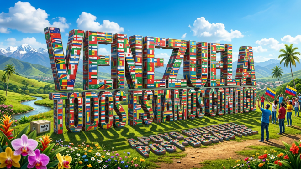 Large letters covered with international flags spell out 'Venezuela Todos Estamos Contigo' with people holding Venezuelan flags nearby